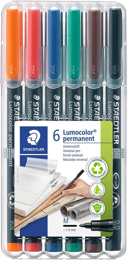 STAEDTLER Lumocolor Permanent Pen 317 Medium 1.0mm Line - Assorted Colours (Pack of 8) (317 WP8 ST), pack of 8