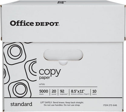 Office Depot White Copy Paper, 8 1/2in. x 11in., 20 Lb, 500 Sheets Per Ream, Case Of 10 Reams, 40402786