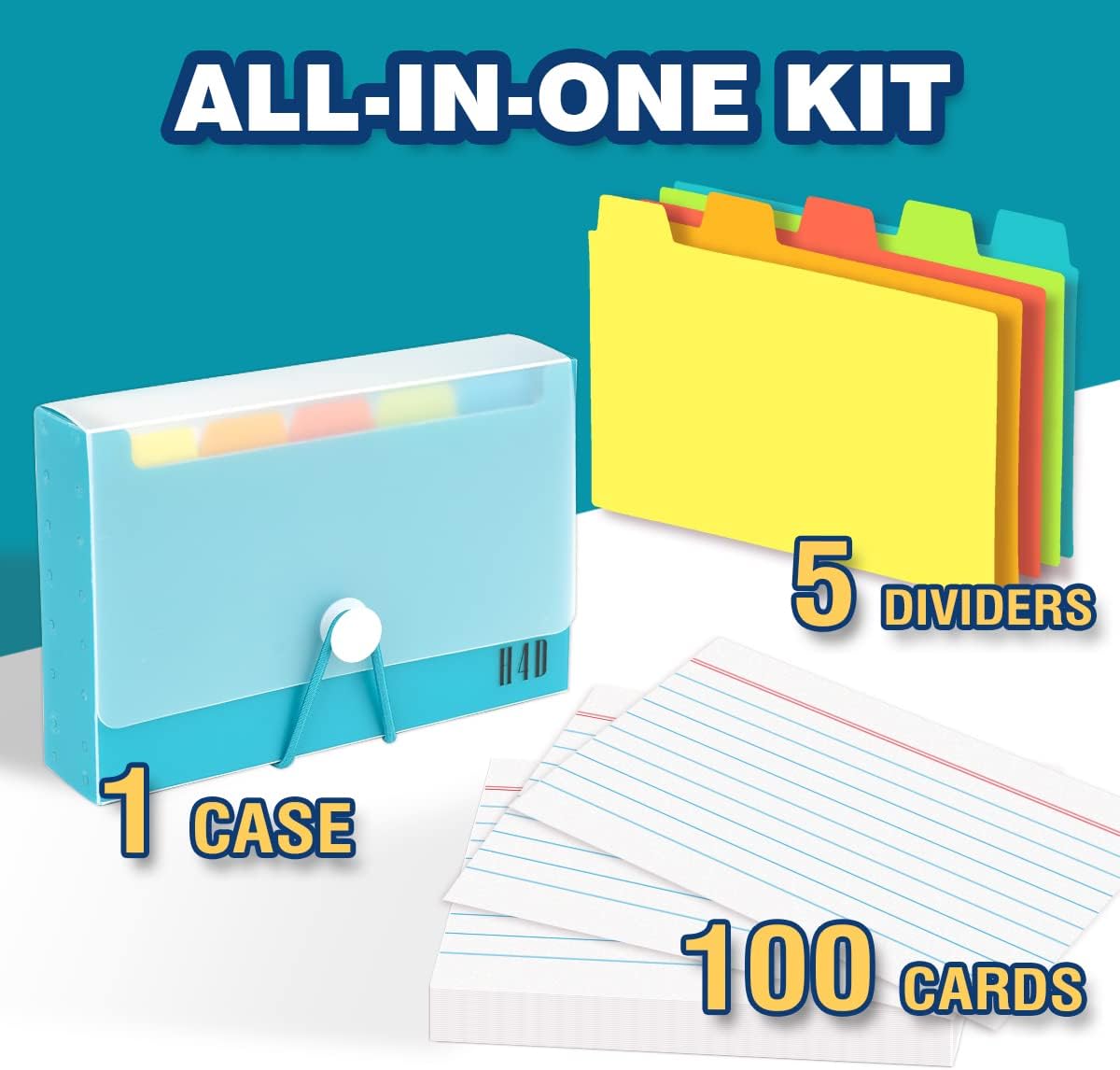 H4D 3x5 Index Card Case with 100 Heavyweight Ruled Index Cards and Dividers, Black