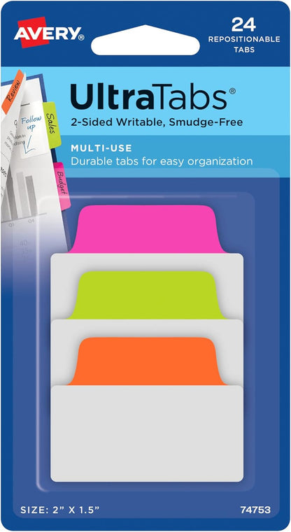 Avery Multiuse Ultra Tabs, 2" x 1.5", 2-Side Writable, Assorted Pastel Dots, 24 Repositionable Tabs (74773)