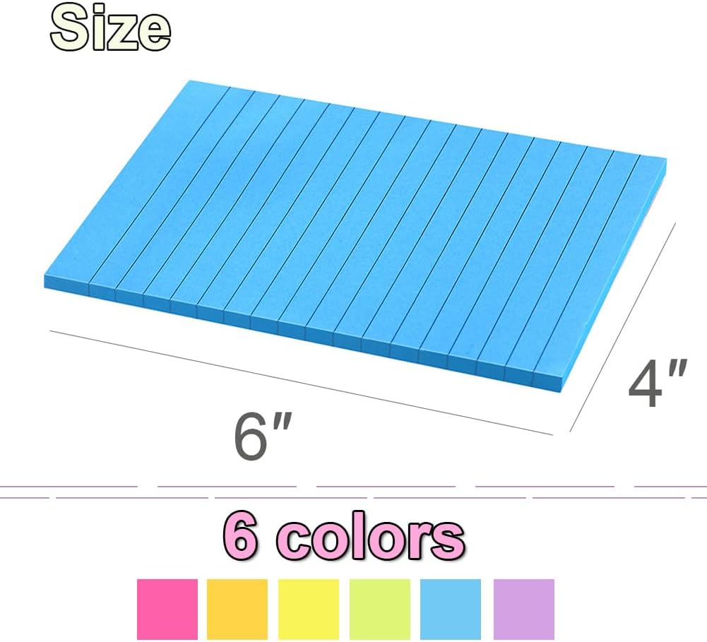 (12 Pack) Lined Sticky Notes 4x6 in,Large Notepads with Lines,Ruled Stickies Super Sticking Power,Office School Memo Note Pads Bright Colors,Post on Windows Doors,Recyclable,Easy to Write on