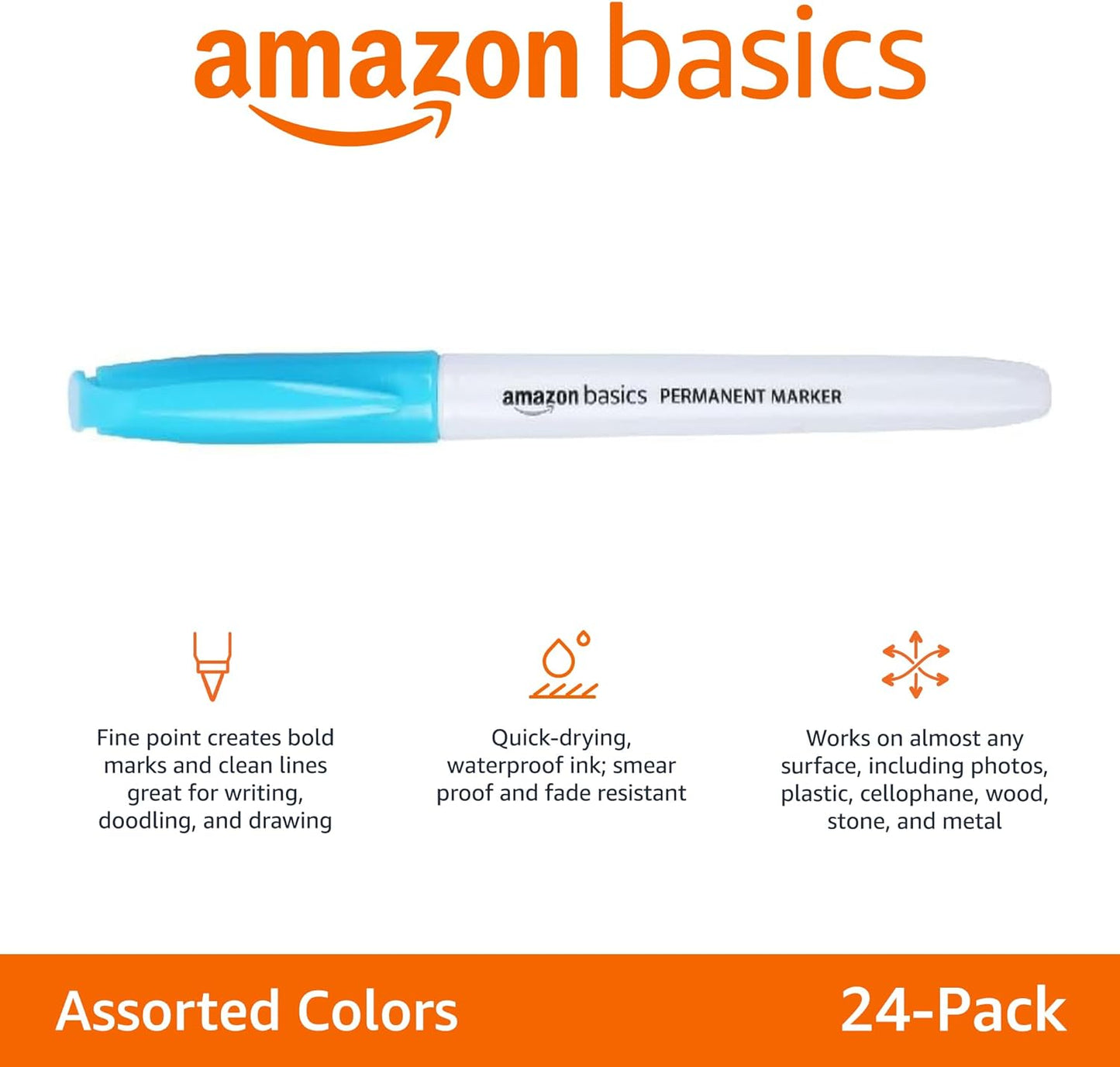 Amazon Basics Fine Tip Permanent Markers for Writing, Drawing, Quick Drying, Office, School, and Home Use, Black, 24 Pack