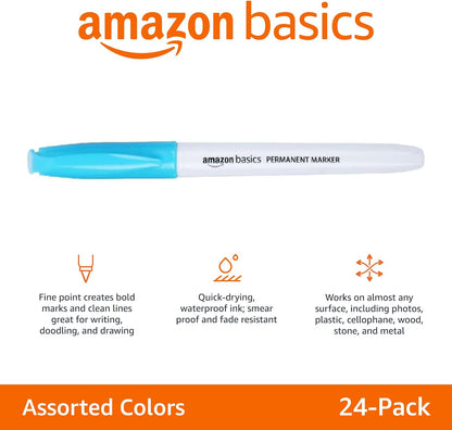 Amazon Basics Fine Tip Permanent Markers for Writing, Drawing, Quick Drying, Office, School, and Home Use, Black, 24 Pack