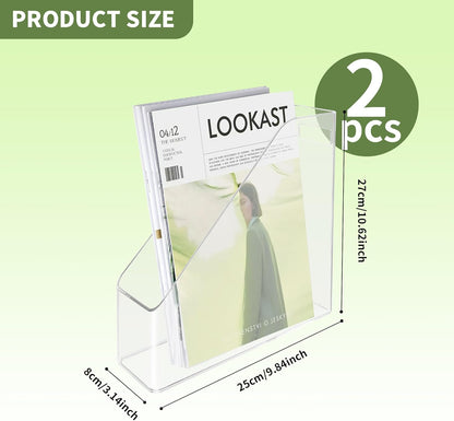 2 Pcs Acrylic Magazine File Holder Clear Plastic Magazine Holder with Handle, Slim Vertical Magazine Storage Organizer Binder Organizer for Desk