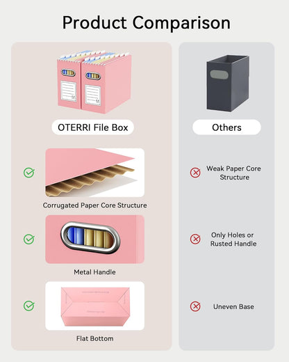 Oterri File Organizer Box, Portable Collapsible Cardboard File Folder Organizer with Handle for Letter Size Hanging Files, Document Storage Box for Home Office & Classroom (4 Packs, Black)