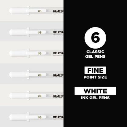 SAKURA Gelly Roll Classic Gel Pens, Opaque White Ink, Ass't Tips 05/08/10, 6 PK 57461