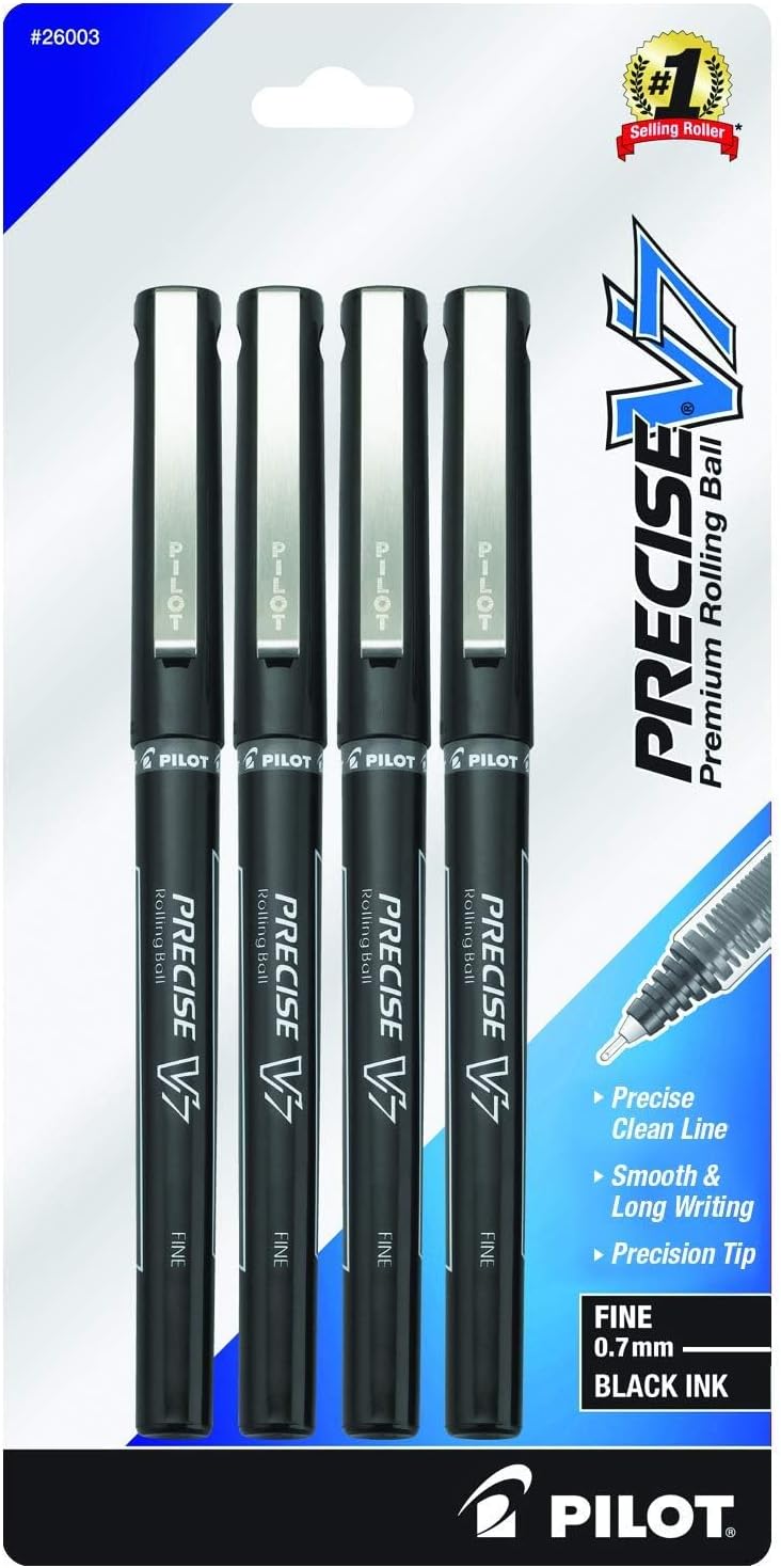 PILOT Precise V7 Stick Liquid Ink Rolling Ball Stick Pens, Fine Point (0.7mm) Black Ink, 4-Pack (26003)