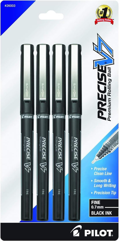 PILOT Precise V7 Stick Liquid Ink Rolling Ball Stick Pens, Fine Point (0.7mm) Black Ink, 4-Pack (26003)