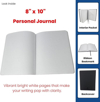 DOME Personal Journal – 8 x 10 Inch Hardcover Lined Journal Notebook, 192 Pages, Black, Premium Acid-Free 60-lb Thick Paper, Inner Pocket, Made in USA