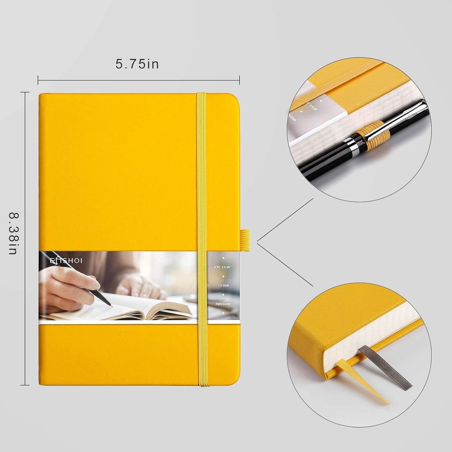 EMSHOI Graph Paper Notebook - 256 Pages A5 Graph Notebook/Journal, Hard Cover, 120gsm Thick Paper, Smooth PU Leather, Inner Pocket, 5.75'' × 8.38''-Black