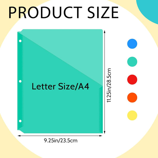 Maitys 50 Pack Binder Pockets 3 Hole Punch Clear Plastic Document Folders Binder Organizer Store Letter Size 8.5x11 Inch Paper Folders with Pockets Slash File Jacket for Office (Fresh Color)