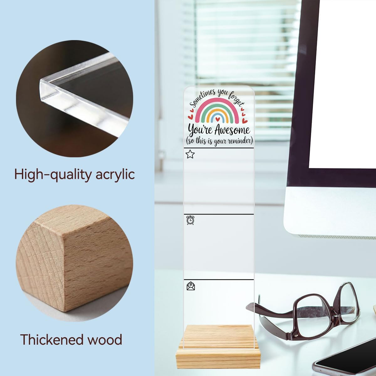 Sticky Notes Monitor Memo Board Acrylic Note Holder with Removable Wooden Base, Everything is Fine Logo Desk Set Includes 200 Sheets Two Sizes Sticky Notes, Office Desk Accessories Organizer