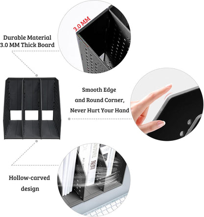 SAYEEC 1Pcs Collapsible Plastic Magazine File Holder Vertical Binder Storage Organizer for Desk Sturdy Upright Desktop Magazine Organizer Folder Rack for Office School Home (3 Compartments, Gray)