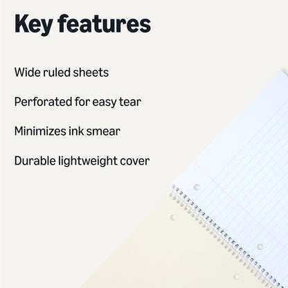 Amazon Basics College Ruled Spiral Notebook, For Work and School, 70 Sheets, 8" x 10.5", Assorted Solid Colors, 5 pack