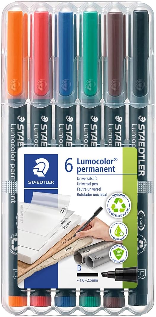 STAEDTLER Lumocolor Permanent Pen 317 Medium 1.0mm Line - Assorted Colours (Pack of 8) (317 WP8 ST), pack of 8