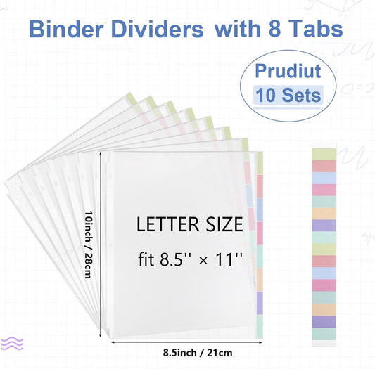 Prudiut 10 Set of 80-Pcs Clear Sheet Protectors for 3 Ring Binder, 8.5 x 11 Inch Plastic Binder Sleeves with 8 Tab Dividers and Colored Index Labels - Waterproof Page Protectors for Office, School