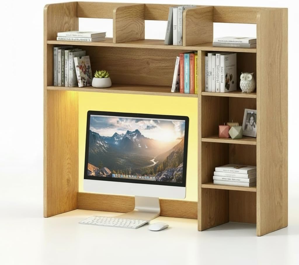Tangkula Desktop Bookshelf, Countertop Storage Hutch with 5 Shelves for Computer Desk, Desk 3-Tier Display Rack, Multipurpose Wood Desktop Hutch Storage Organizer for Dorm Office Home