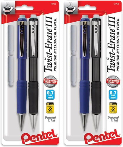 Pentel Twist-Erase III Mechanical Pencil, (0.7mm), Assorted Barrel Colors with 2 Eraser Refills, Pack of 2 (QE517BP2)