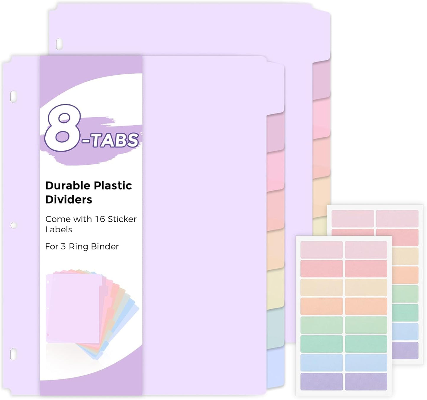 SKYDUE 8 Tab Durable Plastic Dividers, Big Tab Dividers for 3 Ring Binder, Letter Size,Write & Erase Binder Dividers with Tabs, with Sticker Labels, 1 Set, Aesthetic Pastels Binder Dividers