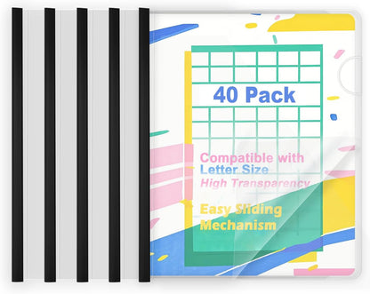 TOTiyea 40 Pack Clear Report Covers with Sliding Bars, 5mm (25 Sheet Capacity) Black Sliding Bar File Folders, for Letter Size