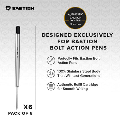 BASTION Pen Refill Ballpoint Blue | Replacement for All Bastion Bolt Action Pens | Standard Pen Ink Refills Cartridge (Blue 6 pc)