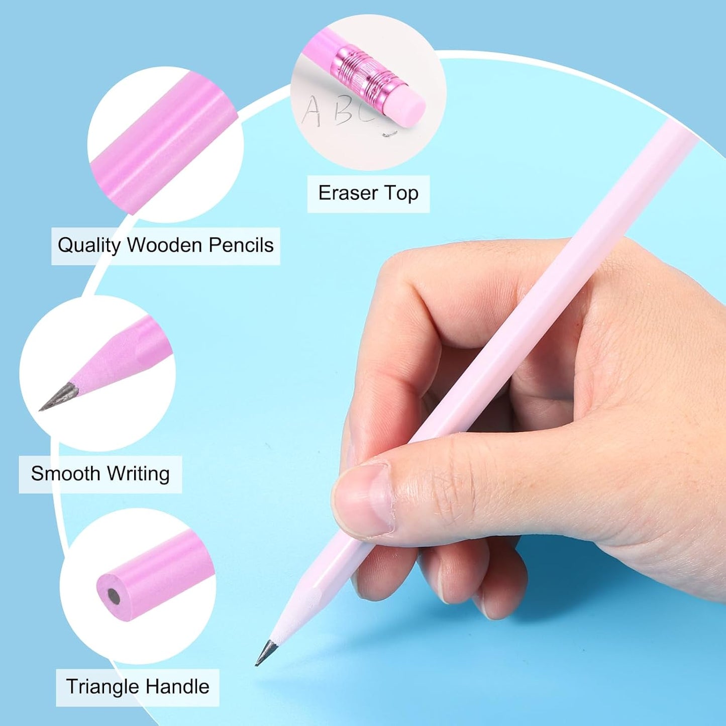 PATIKIL Round Pencils, 12 Pack Triangle HB Graphite Pencil Woodcase Wooden Pencils with Eraser for Classroom Office Writing Drawing Supplies, Pink