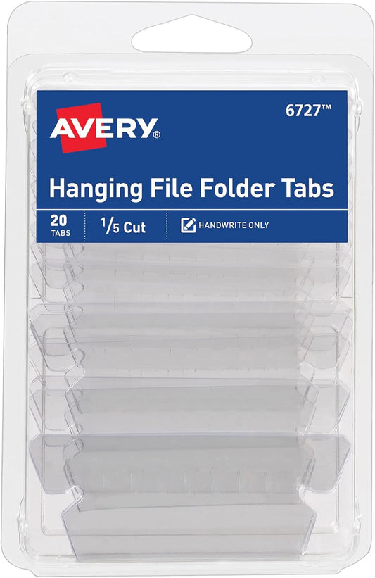 Avery Hanging File Folder Tabs and Inserts, 1/5 Cut, Clear, 20 File Folder Tabs and Inserts Total (06727)