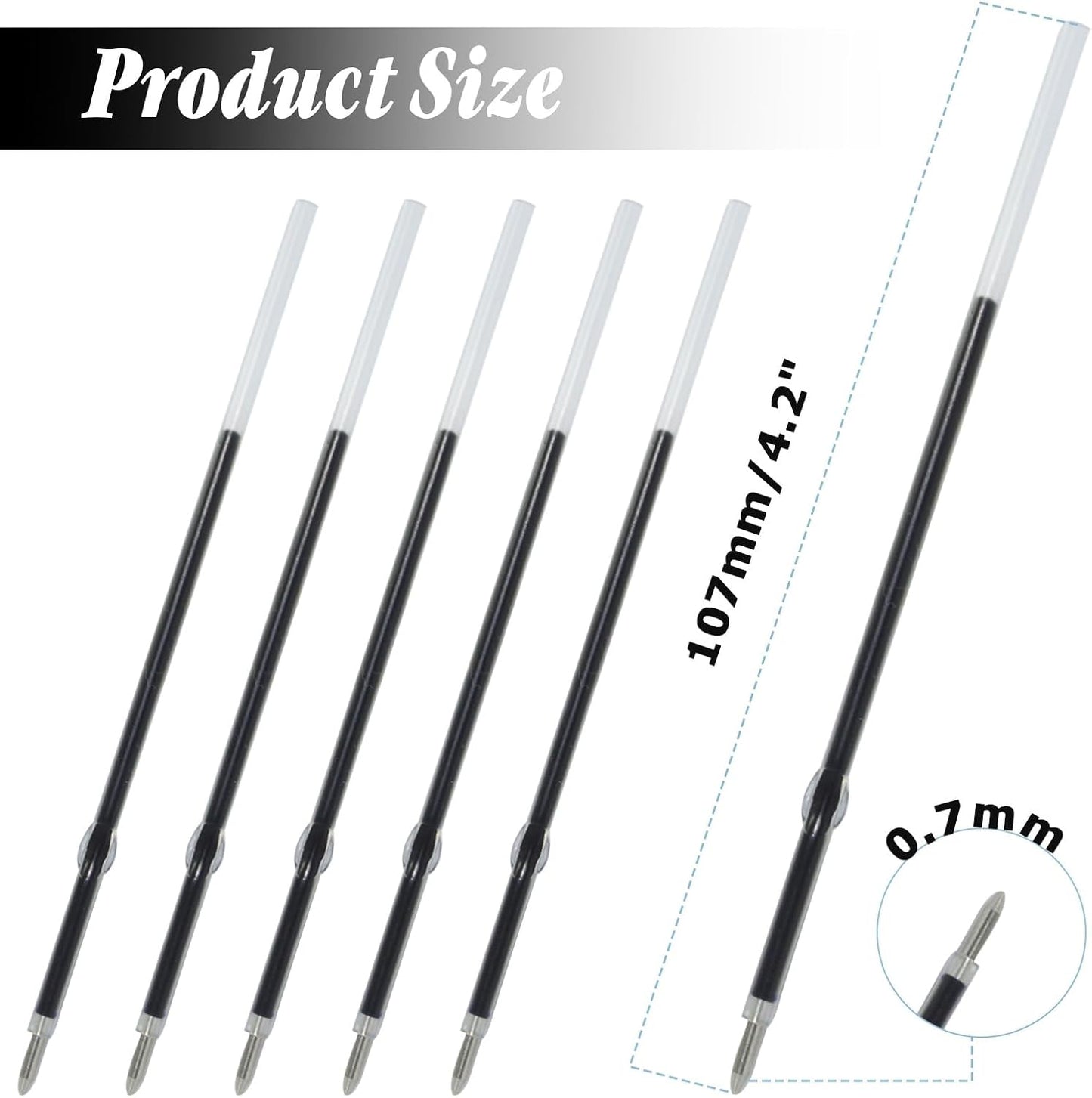 Bonsicoky 20 Pcs Ballpoint Ink Refills - 0.7 mm Medium Tip - 107 mm Length - Black Ink for Retractable Pens, Perfect for Writing, School, and Office Use