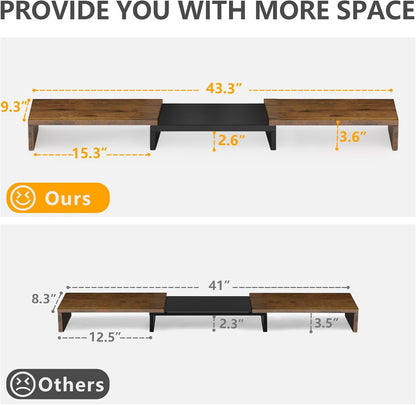 TAVR Dual Monitor Stand Riser Office Desktop Organizer Stand for 2 Monitors, Adjustable Length and Angle 3 Shelf, Extra Long Multifunctional Wooden Stand up to 43.3" fit Computer, Laptop, TV, Black