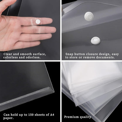 EOOUT 50pcs Plastic Envelopes with Button Snap Closure, Clear Poly Folders for Documents, Waterproof Plastic File Folder, Letter Size, A4 Size, for School and Office Supplies
