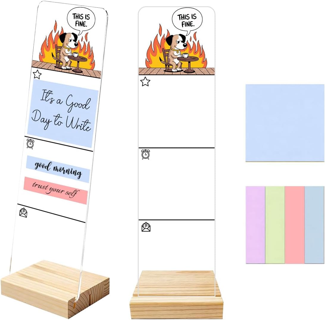 Sticky Notes Monitor Memo Board Acrylic Note Holder with Removable Wooden Base, Everything is Fine Logo Desk Set Includes 200 Sheets Two Sizes Sticky Notes, Office Desk Accessories Organizer