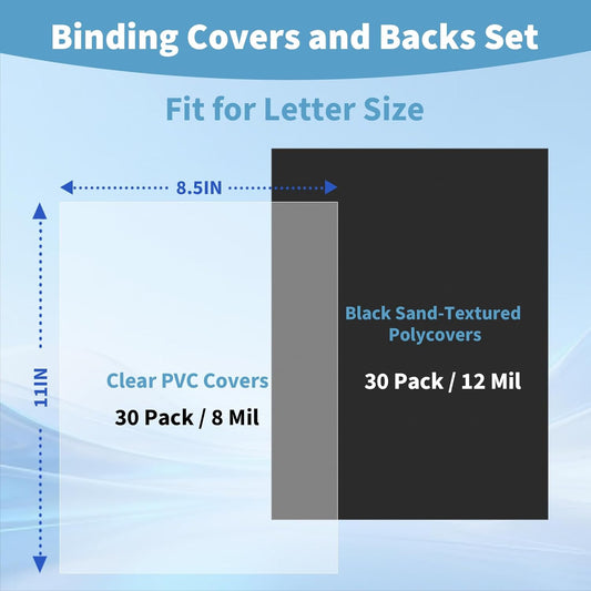 60 Pack Binding Covers and Backs Set, 8.5 x 11 Inches, 30P Clear PVC Covers (8 Mil), 30P Black Sand-Textured Polycovers (12 Mil)，Presentation Covers for Binding, Letter Size