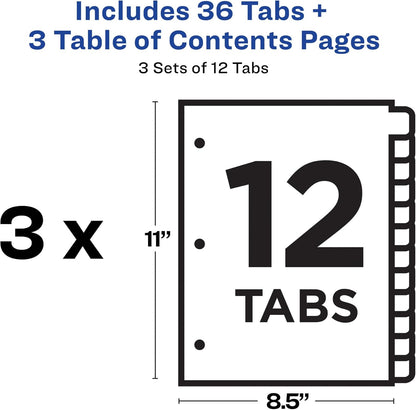 Avery Dividers for 3 Ring Binders, 12 Tabs per Set, Customizable Table of Contents, Classic White Tabs, Great for Organizing Reports, Projects, and More (3 Sets of 11078)