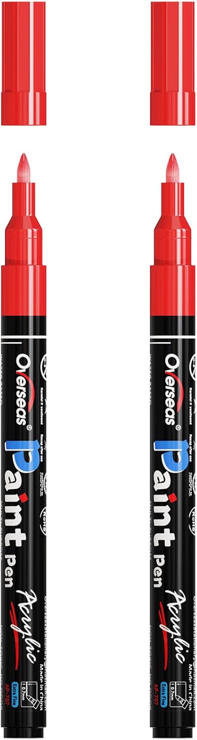 Overseas White Acrylic Paint Pens 2 Pack, 0.7mm Extra Fine Tip Permanent Markers, Water-Based, Quick Drying, Waterproof, Non Toxic Paint Markers for Wood, Metal, Rock, Plastic, Glass, Canvas, Fabric