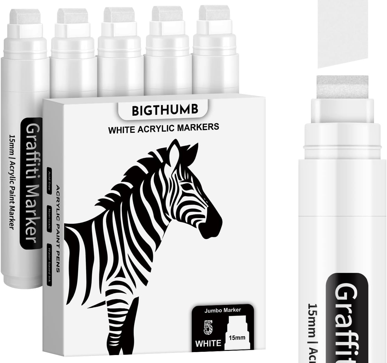 BIGTHUMB Black Poster Markers Jumbo: 5 Pcs 15mm Wide Tip Thick Acrylic Paint Pen Large Permanent Calligraphy Markers for Rock Painting, Stone, Poster, Canvas, Glass, Wood, Ceramic