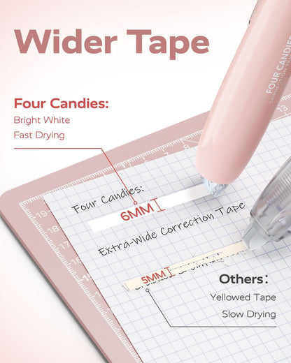 Four Candies Refillable Retractable White Correction Tape, 4PCS Smooth White Pull-Out Tape with 4 Extra Refills, Easy to Use Applicator for Instant Corrections for Office, School Supplies (Purple)