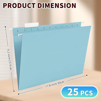 25-Pack Green Hanging File Folders, Letter Size (8.5" x 11") with 1/5-Cut Tabs,Includes 35 Transparent Label Cards & 50 Sticker Labels for Home & Office Organization