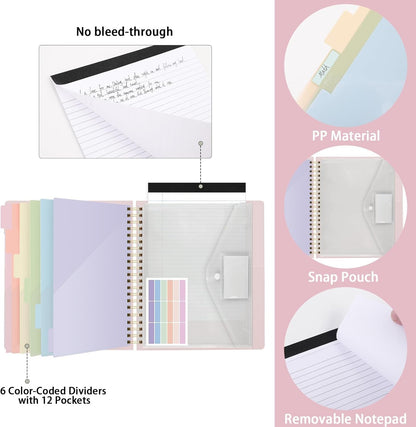 SKYDUE Clipboard Folder with Storage, 6 Dividers with 12 Pockets for Letter Size, Storage Clipboard Folio with Refillable Notepad, Spiral Clipboards Padfolio for Teacher Worker Nurse