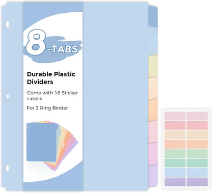 SKYDUE 8 Tab Durable Plastic Dividers, Big Tab Dividers for 3 Ring Binder, Letter Size,Write & Erase Binder Dividers with Tabs, with Sticker Labels, 1 Set, Aesthetic Pastels Binder Dividers