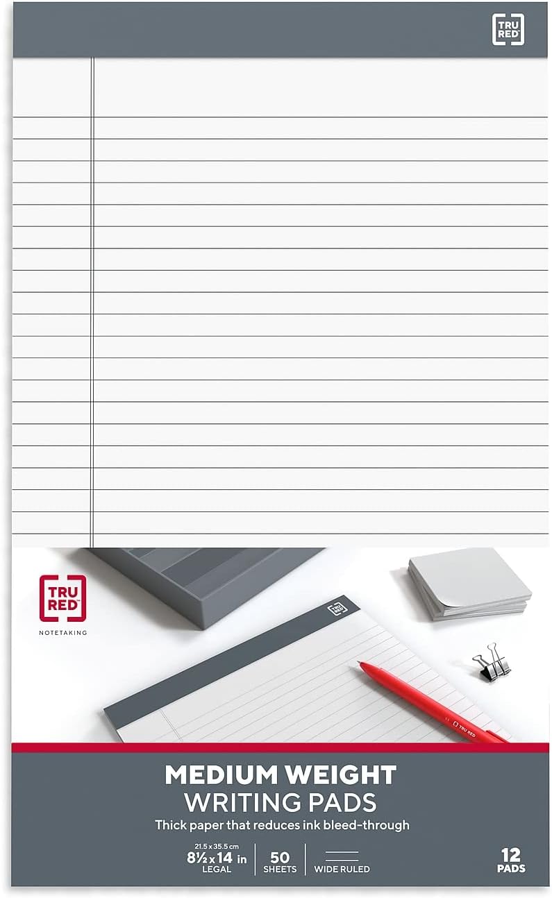 TRU RED Legal Pads, 8.5” x 14”, Wide Ruled, White, 50 Sheets/Pad, 12‑Pack