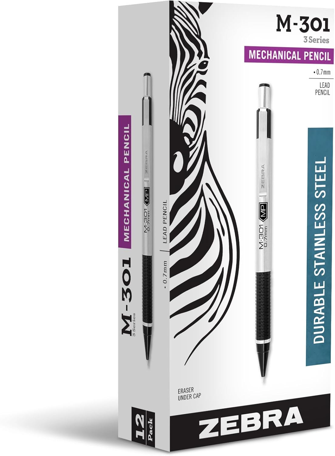 Zebra Pen, M-301 Mechanical Pencil, 0.7mm Point, Stainless Steel Barrel, Textured Grip, Smooth Writing Performance, Refillable, STEEL Series, 2-Count, (54312)