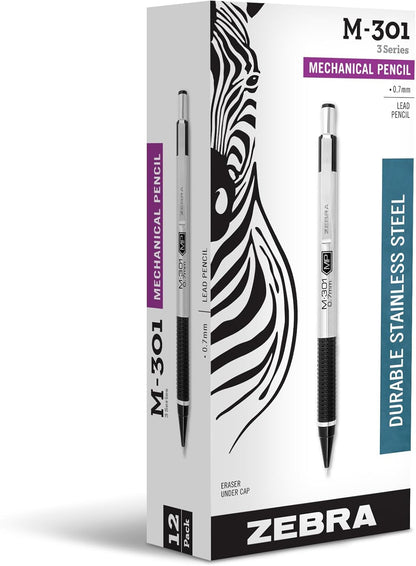 Zebra Pen, M-301 Mechanical Pencil, 0.7mm Point, Stainless Steel Barrel, Textured Grip, Smooth Writing Performance, Refillable, STEEL Series, 2-Count, (54312)