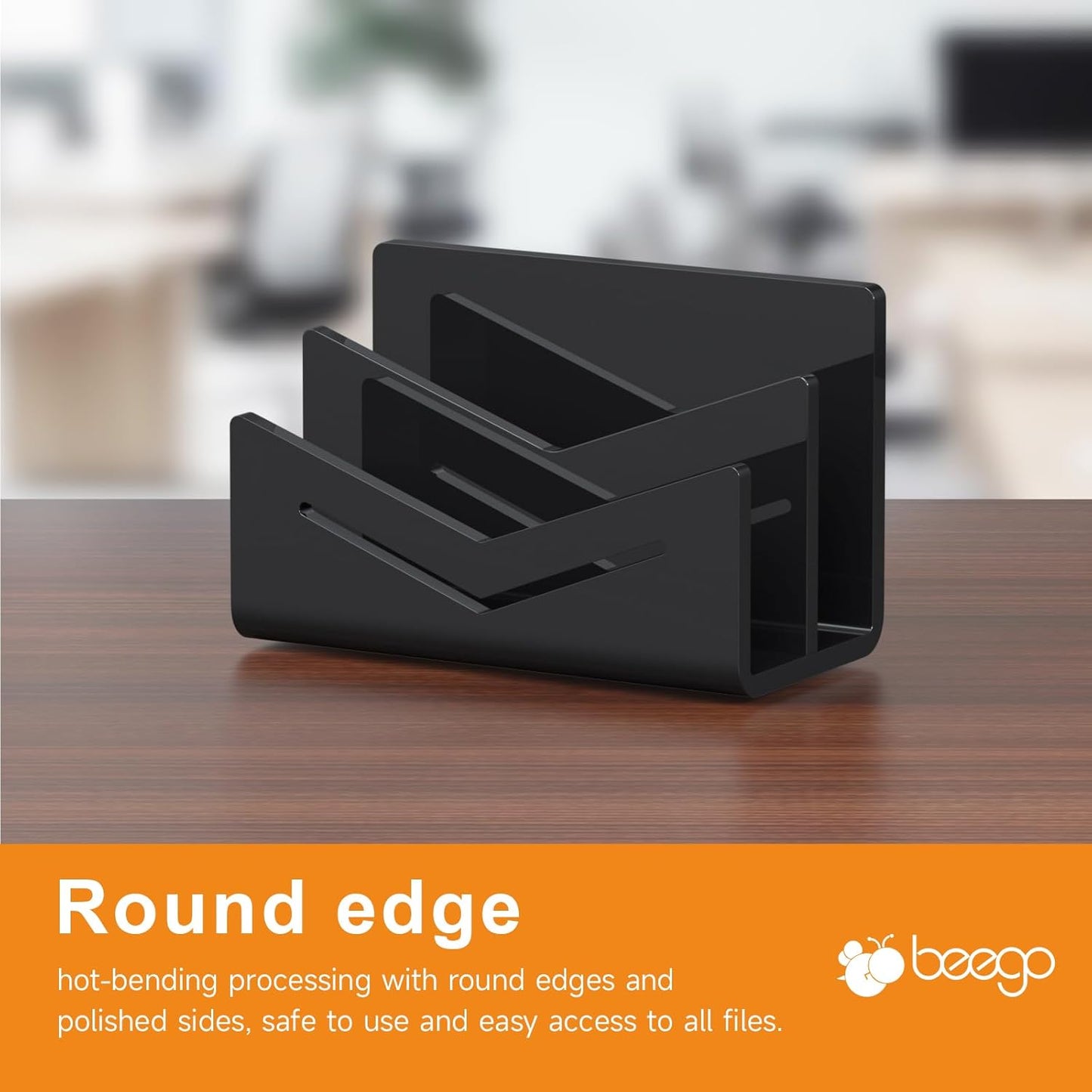 Beego Envelope and Mail Organizer Countertop - 3 Compartments Black Acrylic Desk Organizer Letter Holder Desktop File Sorter Bill Document Folder Rack for Office, Home, School Desk Organization