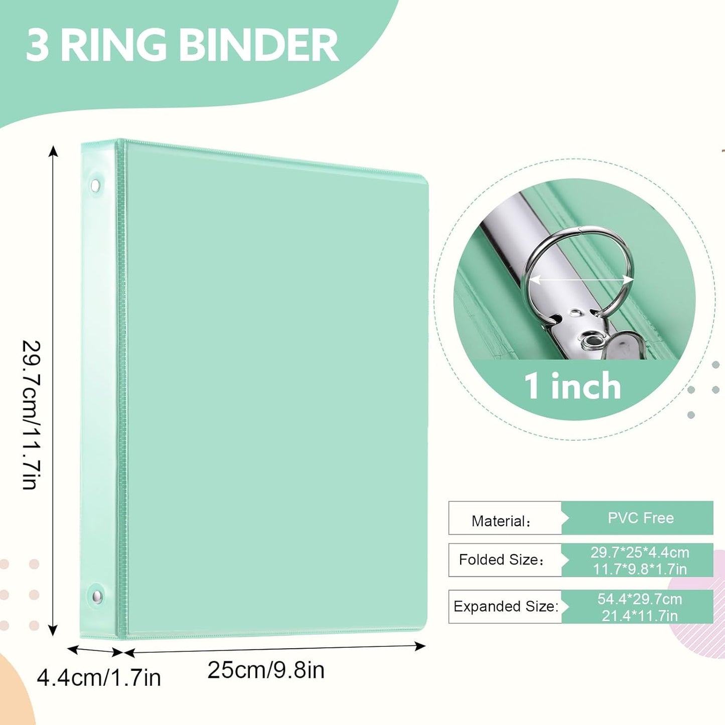 3 Ring Binder - 6 Pack, 1 Inch Binder with 2 Interior Pockets & Clear View Overlay, Large Capacity, Round Ring Binders for Office Supplies, School & Home (6 Colors)