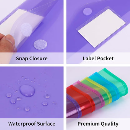 EOOUT 30 Pack 10 Color Plastic Envelopes Poly Envelopes, Hook & Loop Closure File Folders Clear Document Folders File Envelopes with Label Pocket A4 Size