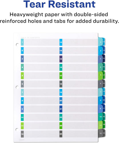 Avery Double Column 24 Tab Dividers for 3 Ring Binders, Customizable Table of Contents, Multicolor Tabs, 1 Set (11321)