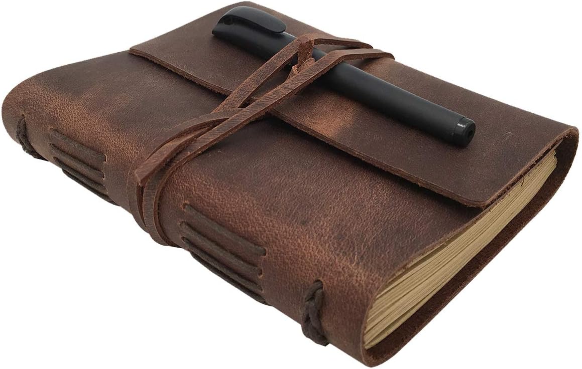 Leather Journal Writing Notebook - Genuine Leather Bound Daily Notepad for Men & Women Lined Paper 240 Kraft Pages, Handmade, Rustic Brown, 5 x 7 in