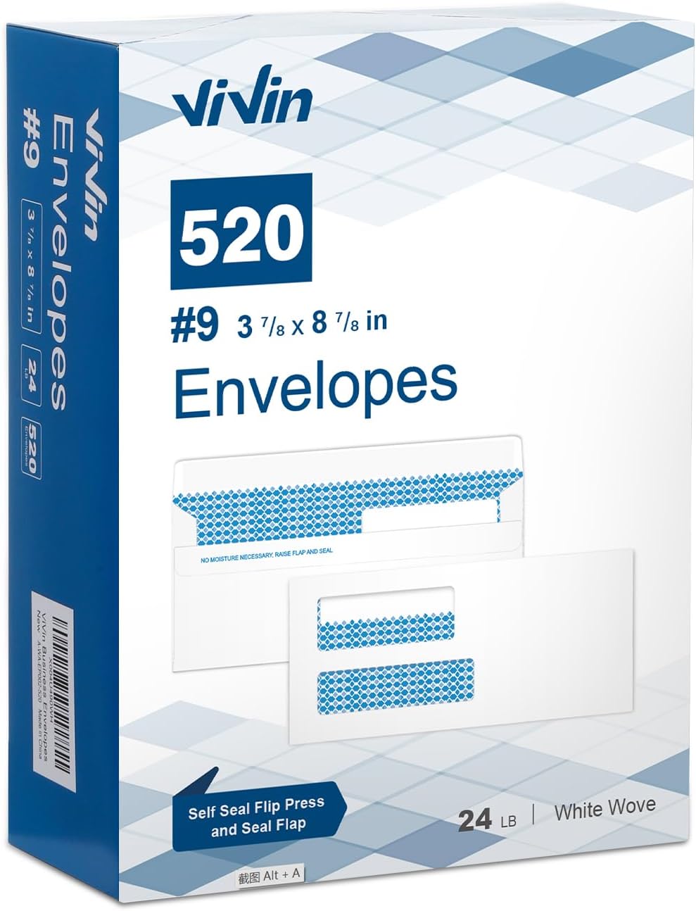 Vivin 100 No.9 Double Window Business Envelopes for Quickbooks Invoices and Business Statements, Flip and Seal Security-Tinted, Home & Office, 3-7/8 x 8-7/8 Inches, 24 LB, White