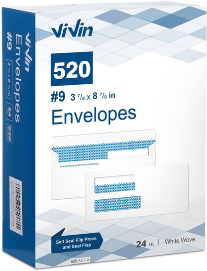 Vivin 100 No.9 Double Window Business Envelopes for Quickbooks Invoices and Business Statements, Flip and Seal Security-Tinted, Home & Office, 3-7/8 x 8-7/8 Inches, 24 LB, White