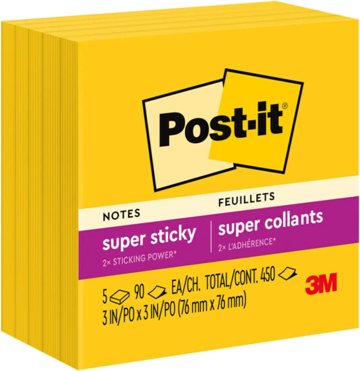 Post-it Super Sticky Notes, 5 Sticky Note Pads, 3 x 3 in., School Supplies, Office Products, for Vertical Surfaces, Monitors, Walls and Windows, First Snow White